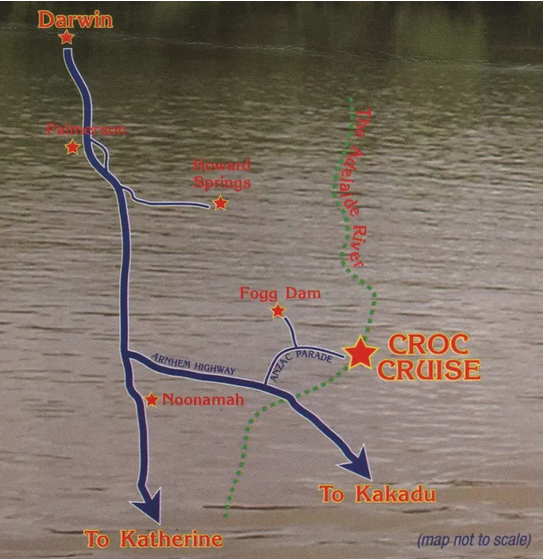 Map showing routes from Darwin to Kakadu, featuring Croc Cruise and local landmarks.